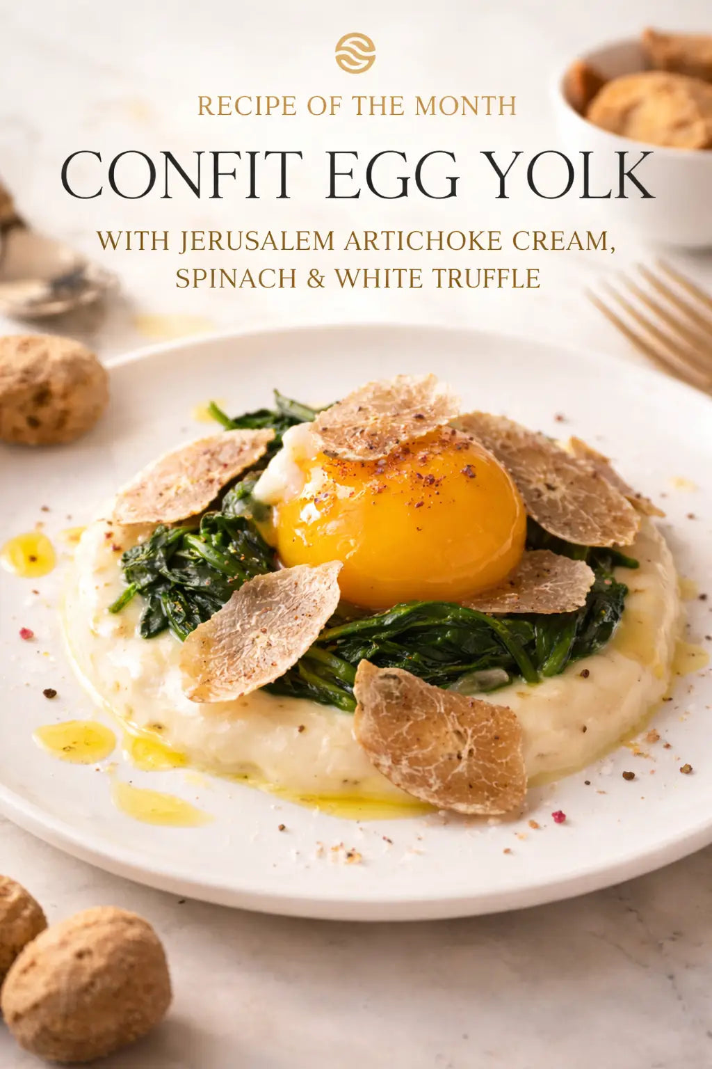 Recipe of the Month November 2025 Confit Egg Yolk with Jerusalem Artichoke Cream, Spinach &amp; White Truffle Santos Gourmet