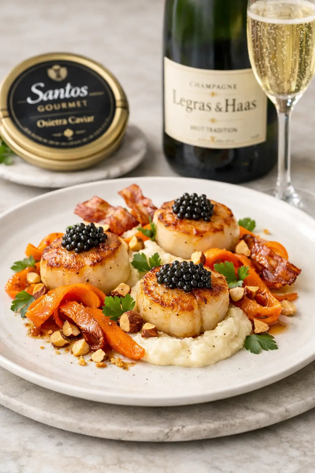 Recipe of the Month – March 2026: Seared Scallops with Caviar, Cauliflower Purée & Caramelized Carrots Santos Gourmet