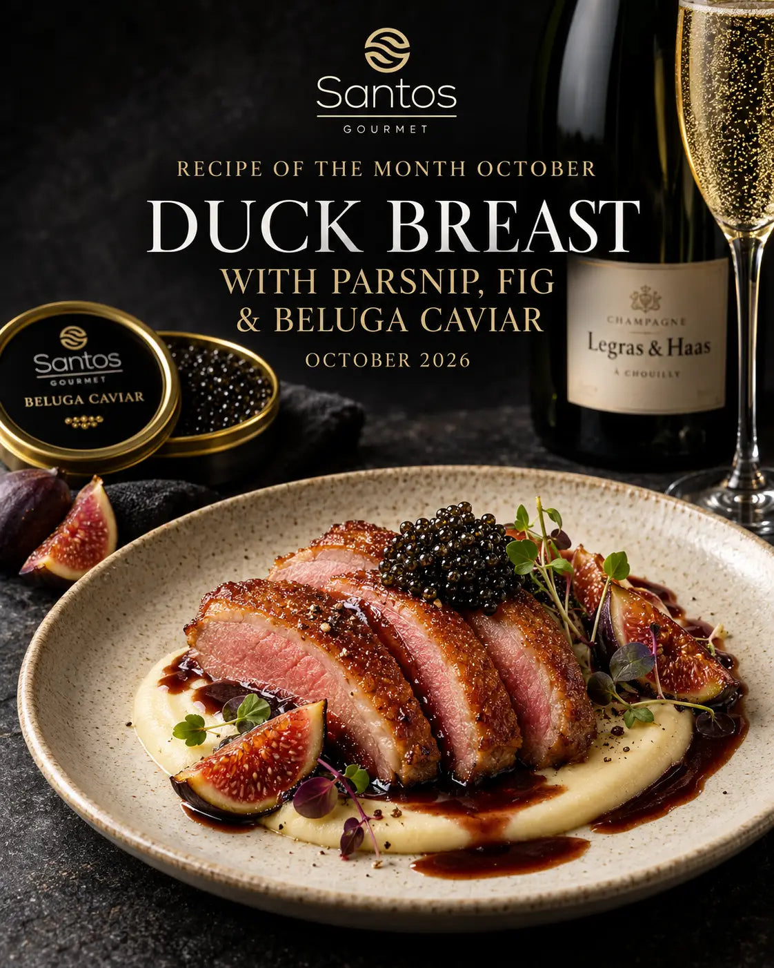 Recipe of the Month – October 2026: Duck Breast with Parsnip Purée, Port Wine Jus, Fig & Beluga Caviar Santos Gourmet