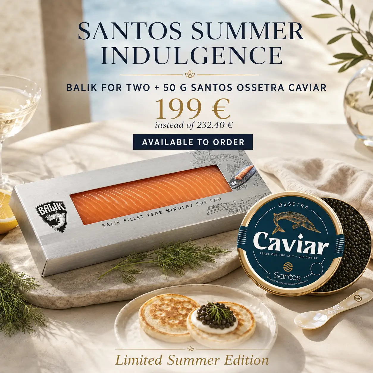 Santos Summer Indulgence – Balik for Two &amp; 50 g Ossetra Caviar Santos Gourmet