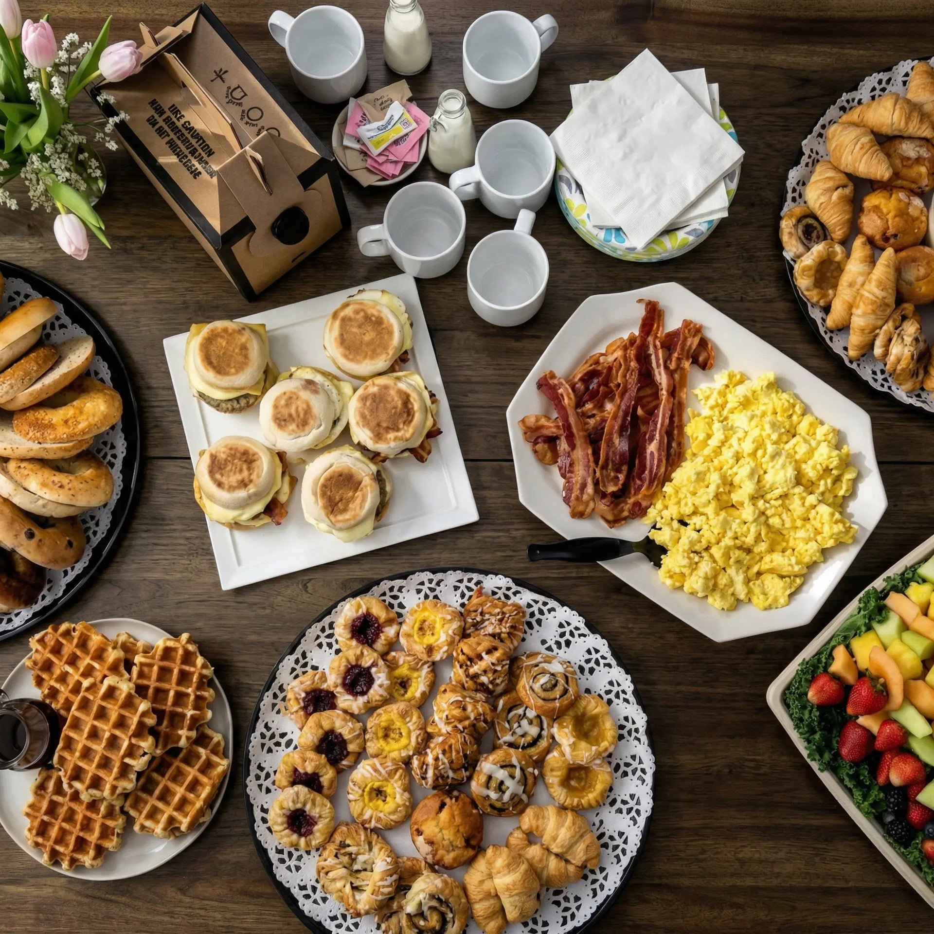 Breakfast Menu with Fresh Fruits, Sausage, Cheese, Eggs, and Juice - by santos gourmet Santos Gourmet