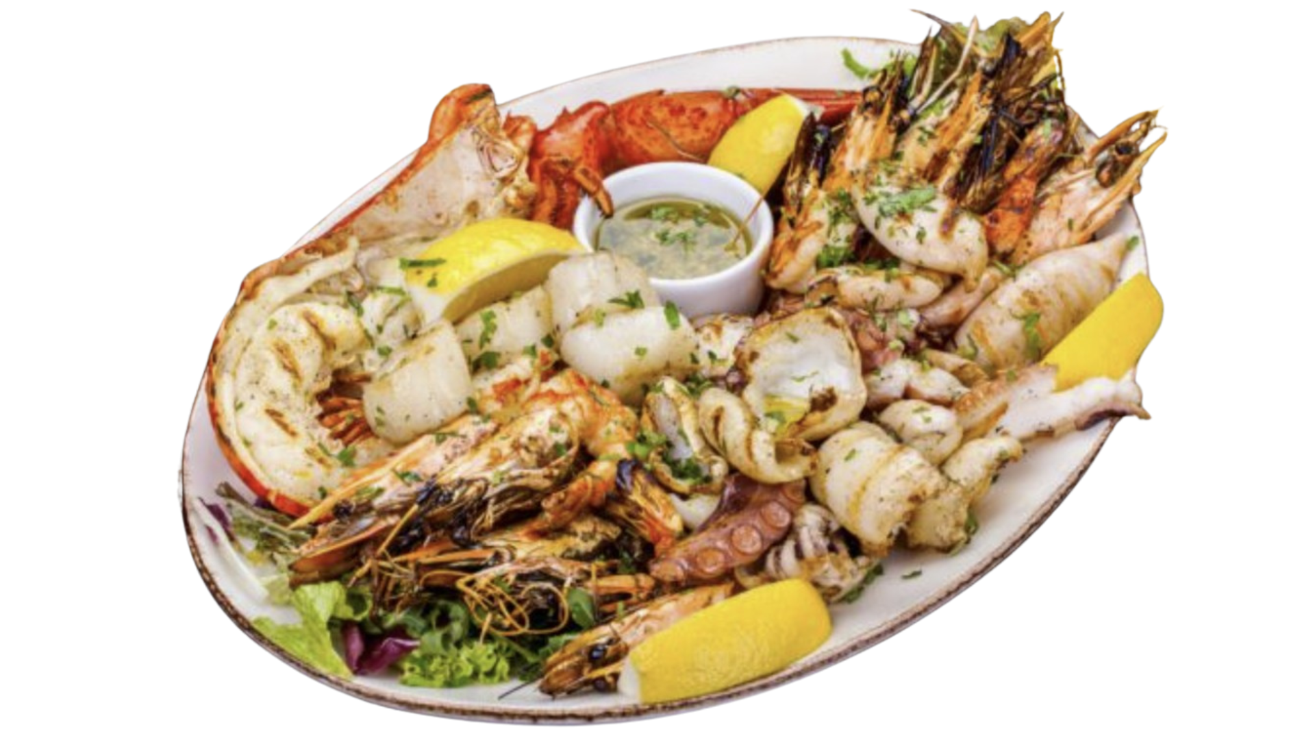 Santos Gourmet Fish Tapas Plate featuring a variety of seafood including shrimp, scallops, and fish, elegantly arranged with lemon and herbs, perfect for yacht catering.